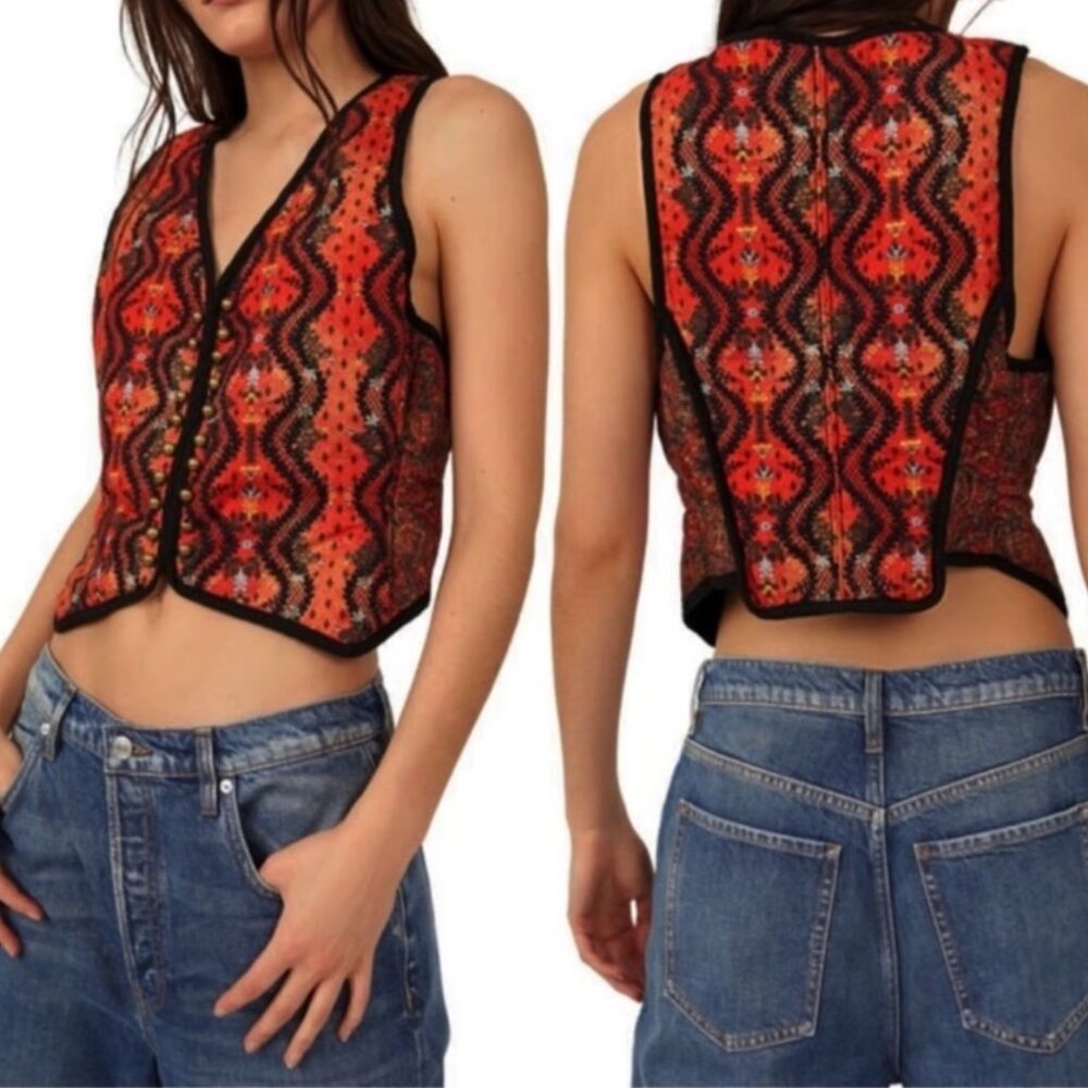 Free People Red and Black Patterned Vest
